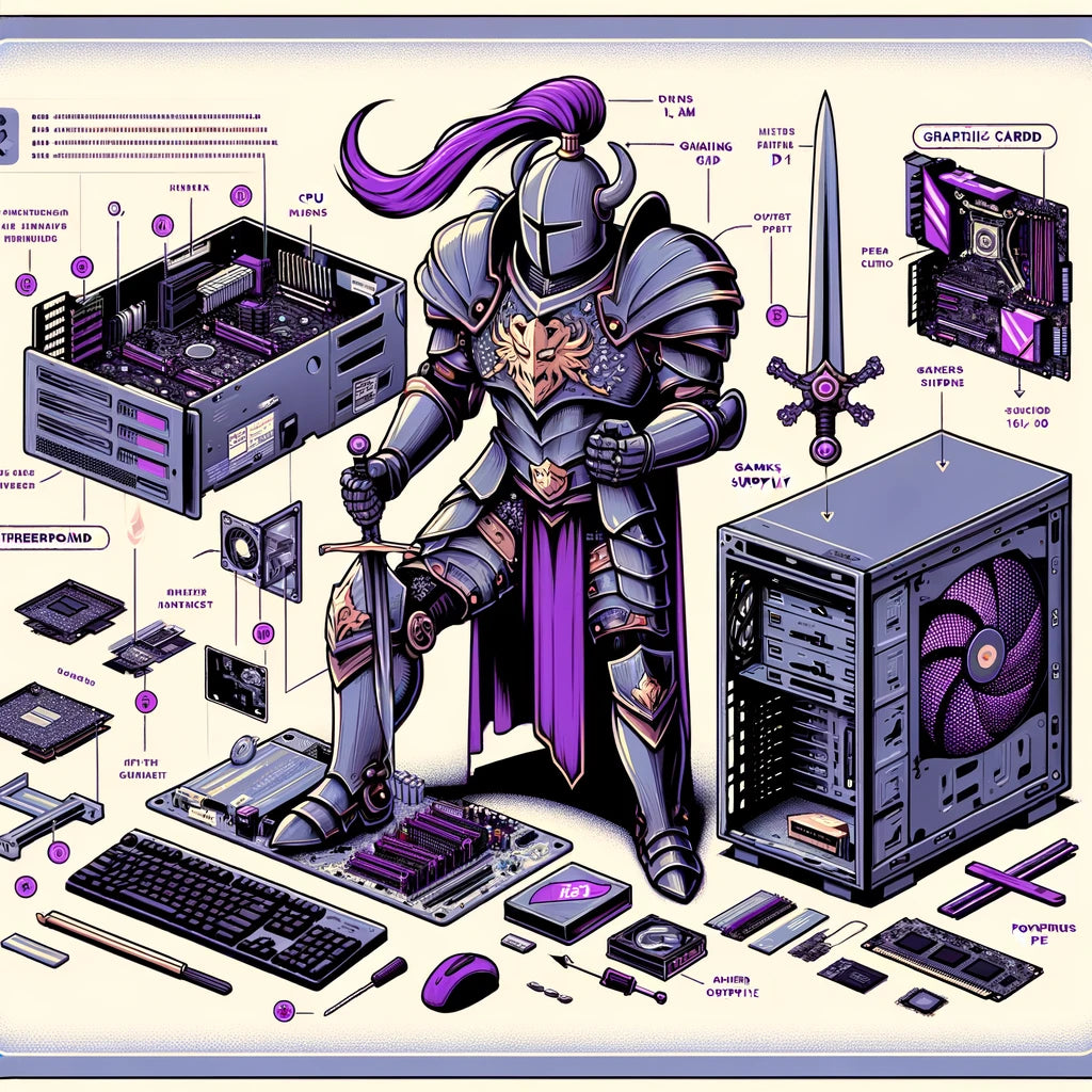 DALL_E_2024-03-19_21.55.11_-_An_illustrative_diagram-style_image_depicting_the_process_of_building_a_gaming_PC_with_a_knight_character._The_image_includes_step-by-step_instructio.webp